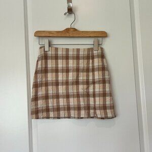 Le Reveur High Waist Mini Skirt in Cream Latte Pink Plaid Size S